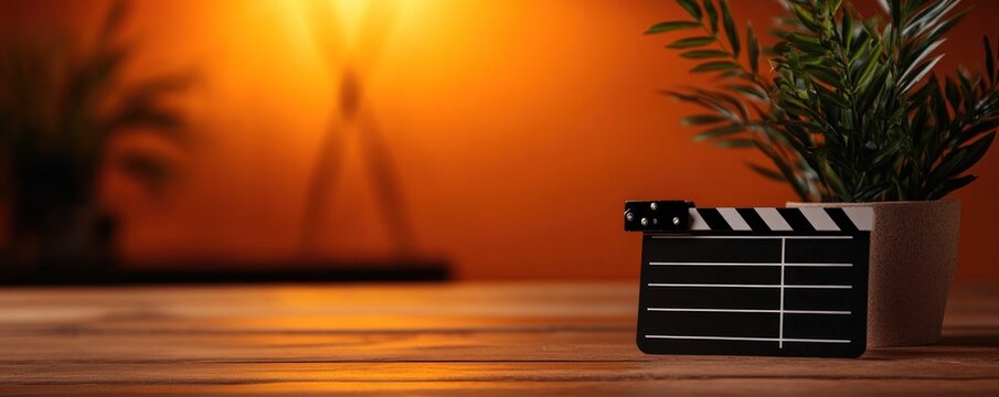 Film slate on wood desk, plant, warm light
