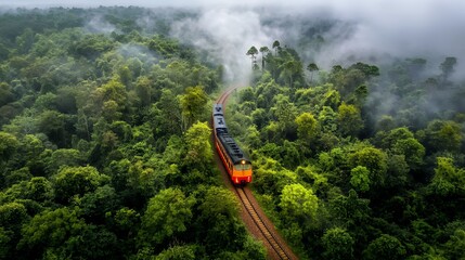 Fototapeta premium Train in Misty Green Forest Aerial View