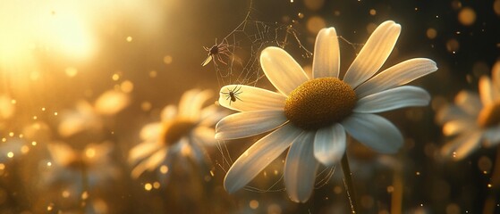 Golden hour daisy field; insect web; bokeh