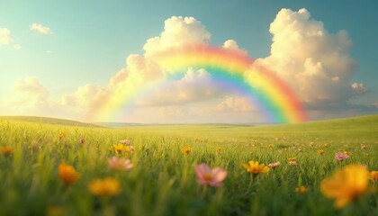 Vibrant Rainbow Over Green Field with Flowers and Cloudy Sky
