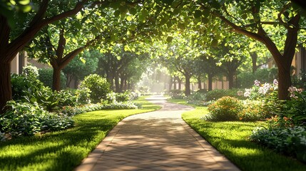 Fototapeta premium Sunny park path through lush trees, flowers, and greenery