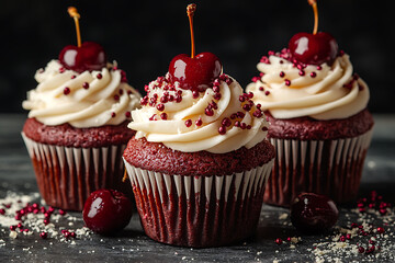 Three red velvet cupcakes with white frosting, cherry topping, and red sprinkles against a dark background.