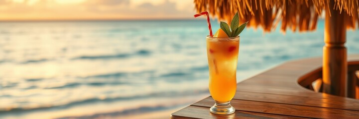 Tropical cocktail with a refreshing vibe at a beachside bar during sunset