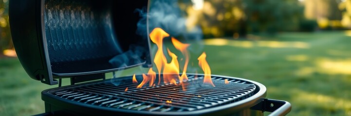 BBQ grill with vibrant flames representing summer vibes against a lush garden background