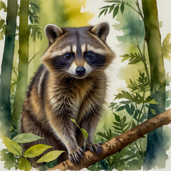 watercolor scene of a pygmy raccoon exploring the thick underbrush of Cozumel Island's forest.