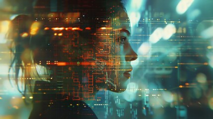 Digital Persona: Futuristic Woman and Circuitry Overlay