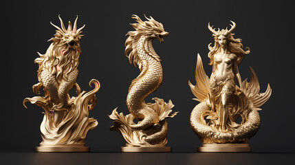 Fototapeta premium Golden mythical creatures statues. Gilded Opulence. Illustration