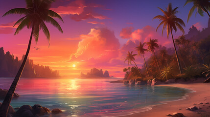 Tropical Beach Background Sunset with Palm Trees and Golden Sand