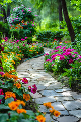 Obraz premium Serene Garden Pathway with Vibrant Flowers and Lush Greenery Bathed in Soft Sunlight
