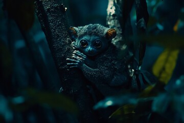 Obraz premium Adorable tarsier primate clinging to a tree trunk in a dark rainforest.