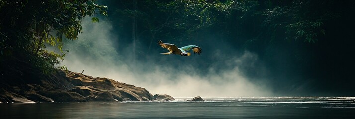 A macaw in flight over a misty jungle river.