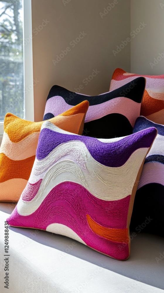Poster Colorful large cushions with dynamic wave patterns create an inviting atmosphere in a sunlit space. Rich textures and bold hues seamlessly blend comfort and style