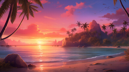 Tropical Beach Background Sunset with Palm Trees and Golden Sand