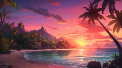 Tropical Beach Background Sunset with Palm Trees and Golden Sand