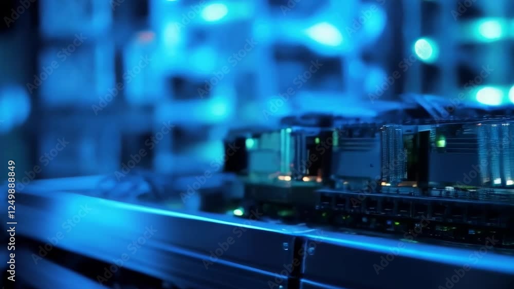 Aufkleber computer server farm rack with ram memory and processors in blue neon light. data center equipment f