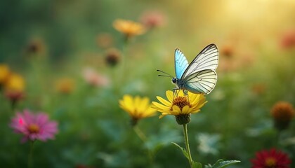 Fototapeta premium Butterfly Pollinating Flower in a Sunny Field of Colorful Blooms