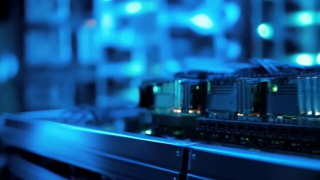 Computer server farm rack with ram memory and processors in blue neon light. Data center equipment for Cyber Monday, Black Friday, Technology Week, Digital Day and Science Day concept