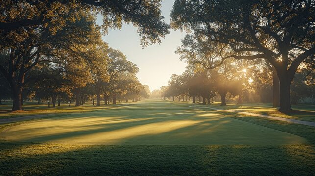 Sunrise golf course fairway, misty morning, oak trees