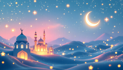 Eid Mubarak premium vector illustration with a luxurious blue and pink gradient background, featuring a crescent moon, stars, and Islamic light design. Perfect for festive greetings and elegant celebr