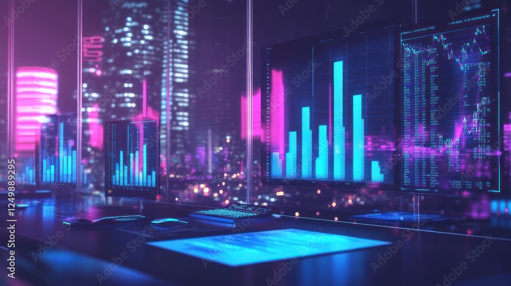 Aufkleber night city skyline viewed from office with glowing computer screens displaying financial data charts
