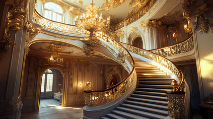 Fototapeta premium Grand staircase with gilded banister, sweeping curves, and ornate chandeliers, luxury, opulence, baroque style. Gilded Opulence. Illustration