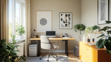 Modern home office with desk, chair, plants, and artwork.