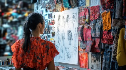 Naklejka premium Fashion Designer at Work: Sketching and Selecting Fabrics in Her Studio