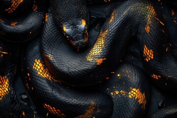 Fototapeta premium Coiled snake exhibiting striking black scales with amber highlights