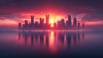 Sunrise over city skyline reflected in calm water