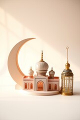 Obraz premium Ramadan Mosque Model with Crescent Moon and Lantern