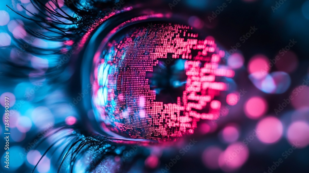 Poster close-up of a human eye with a digital code reflected in the pupil, surrounded by bokeh lights.