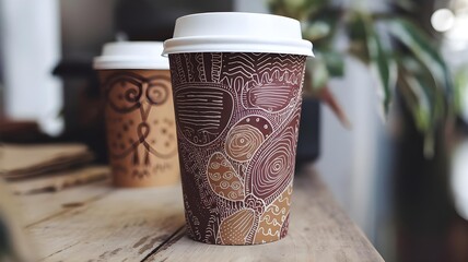 Coffee Cup with Abstract Artistic Design on Wooden Table,A disposable coffee cup photographed on a rustic wooden table, decorated with an intricate abstract pattern in brown and white.
