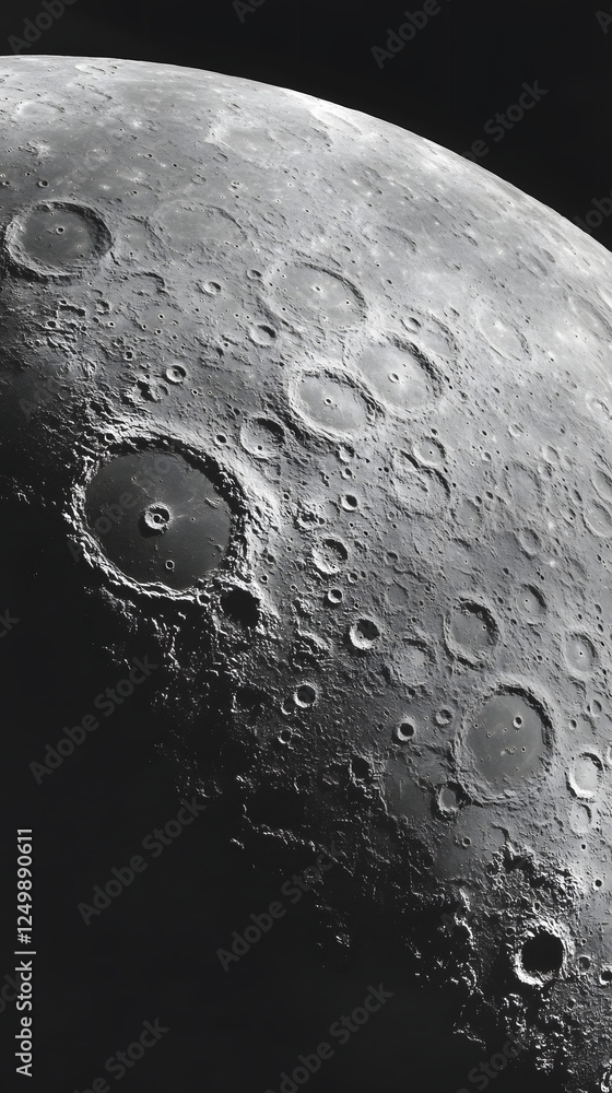 Poster high-resolution close-up of the moon's surface showcasing craters and textures in monochrome