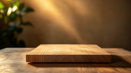 Wooden board tabletop display, indoor, plant background, product placement