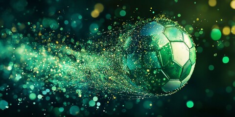 Green soccer ball with sparkling trail, motion blur effect.