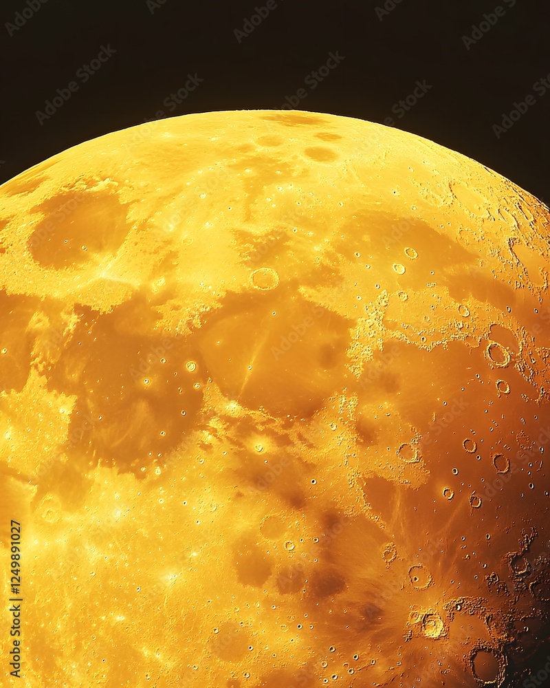 Poster close-up view of a luminous full moon showing intricate surface details against a dark background