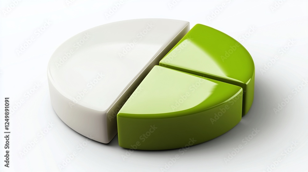 Poster 3d pie chart divided into two sections white and green, representing data visualization or business 