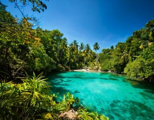 Obraz premium Tropical Paradise Lagoon – Lush greenery with crystal-clear blue water