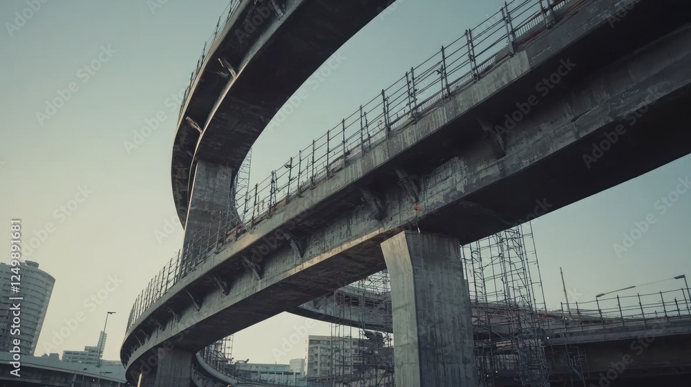 Poster low angle view of a complex highway overpass structure against a clear sky.