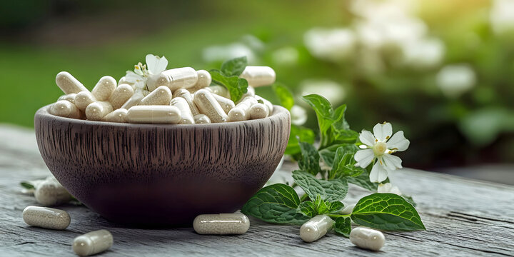 Bacopa monnieri plant tablets, ai generated.