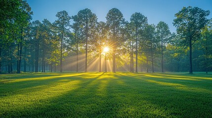 Obraz premium Sunrise through trees on a grassy field