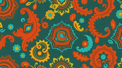 Vibrant Paisley Pattern Fabric Design Teal Orange Yellow