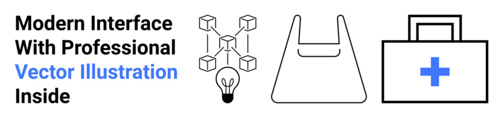 Blockchain network with light bulb, shopping bag, medical briefcase with cross symbol. Ideal for technology, retail, healthcare, innovation, e-commerce, finance and business flat landing page banner