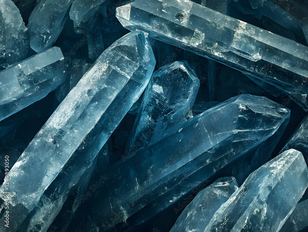 Poster close-up view of natural translucent crystals with dark background displaying unique textures and sh