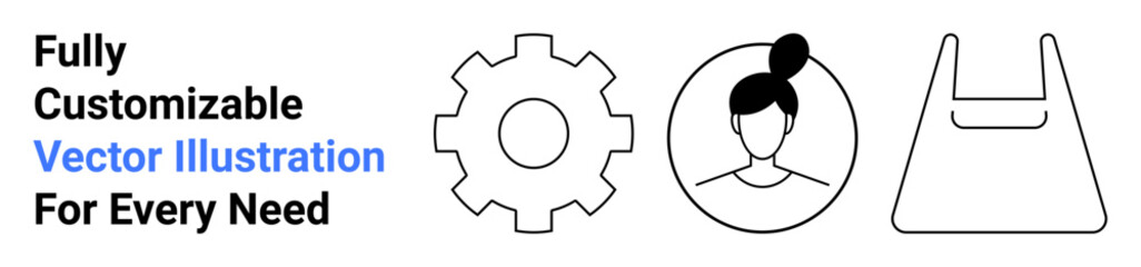 Gear wheel, user profile avatar, and a shopping bag outline showcasing functionality, personalization, and retail themes. Ideal for technology, e-commerce, profiles, apps creativity workflows flat