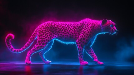 Neon pink cheetah walking in dark smoky environment.
