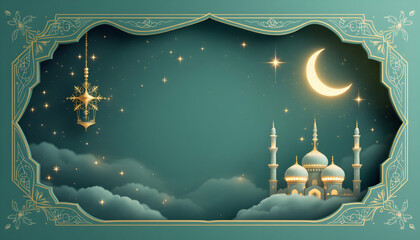 Eid Mubarak Islamic design featuring a crescent moon and a mosque illustration. A beautifully crafted composition symbolizing spirituality and festivity, perfect for greeting cards and Eid celebration