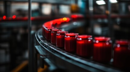 Red jars on a conveyor belt in a factory, showcasing a busy production line with blurred machinery