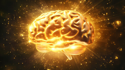 Abstract brain with golden light radiating from it, representing money mindset and wealth consciousness. Gilded Opulence. Illustration