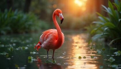Fototapeta premium Flamingo Standing in Water with Sunlit Background in Natural Habitat